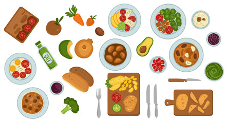 Flat style healthy meal preparation with fresh ingredients on tabletop