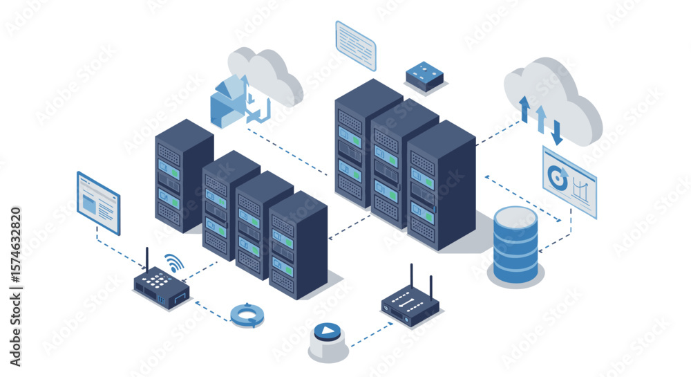 Poster isometric data center with cloud computing network and servers