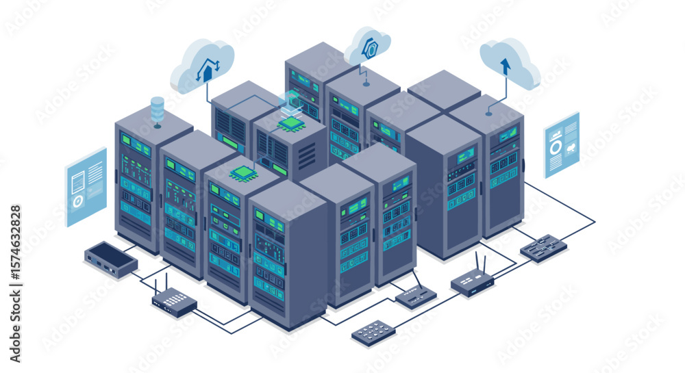 Poster isometric data center with cloud computing network and servers
