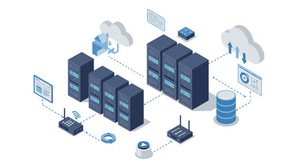 Isometric data center with cloud computing network and servers