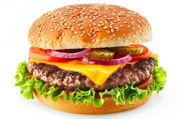 A classic homemade cheeseburger isolated on a white background