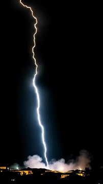 A dramatic lightning bolt illuminates the dark sky as it strikes near buildings, showcasing the raw power of a thunderstorm