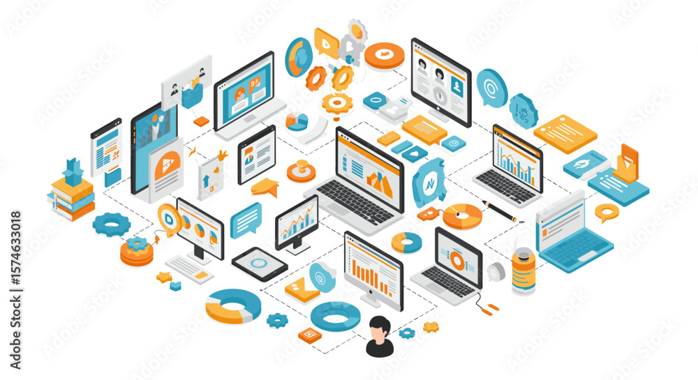 Poster isometric digital workspace with laptops and analytics charts in modern office setup