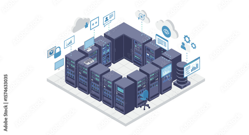 Poster isometric data center with cloud technology and server racks