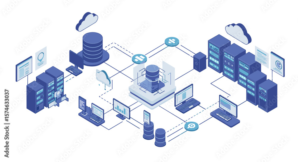 Poster isometric data center network diagram with cloud computing and servers