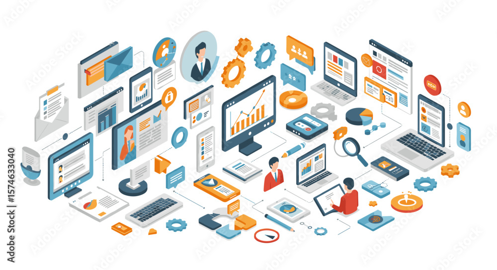 Poster isometric digital networking concept with laptops and business elements
