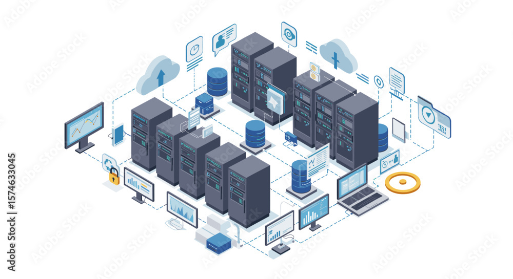 Aufkleber isometric network data center with servers and cloud technology
