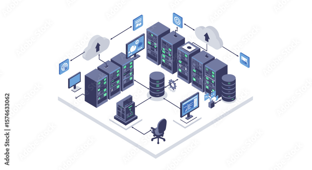 Poster isometric data center with cloud computing and server racks