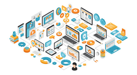 Obraz premium Isometric digital workspace with laptops and analytics charts in modern office setup