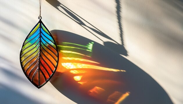 colorful stained glass suncatcher casting leaf shaped shadow on wall