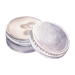 Opened metal screw-top tin for wax, balm, cream and solid perfume packaging. Hand-painted watercolor isolated on white. Perfect for barbershop branding, cosmetics, product mockups, retro-style designs