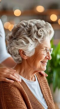 compassionate visual storytelling, gentle pat on the back from caregiver with warm morning, Elderly care and respect motion illustrated through elderly care and respect motion actions