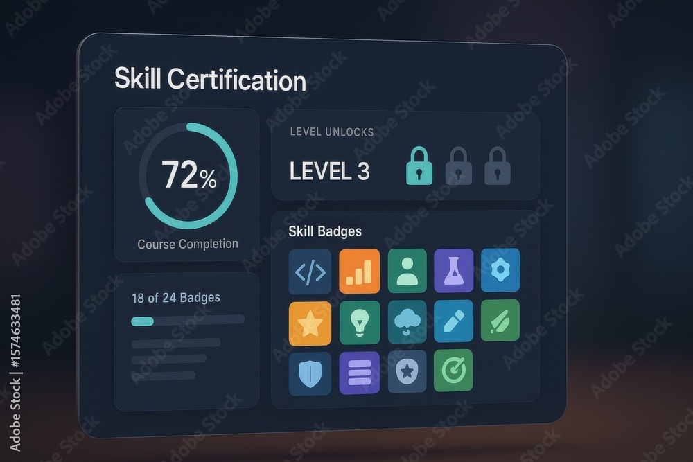 Poster skill certification interface showing 72 percent course completion, badge collection grid, and level