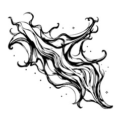 Hand drawn ink illustration of an abstract flowing organic shape with swirling lines and scattered speckles