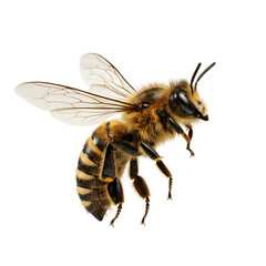 Honeybee in Flight: Detailed Macro Photography of a Western Honey Bee, Isolated on Black Background, Showing Intricate Wing Detail and Body Hair.