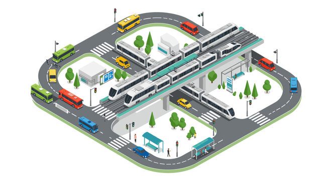 Isometric city transport hub with trains and buses in urban setting