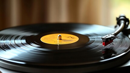Close-up view of a vinyl record spinning on a turntable.
