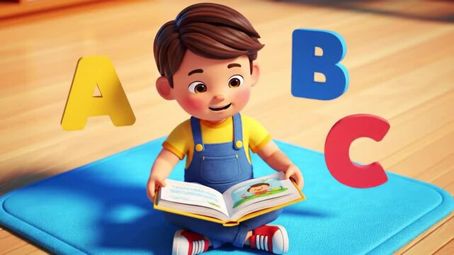 Animated Boy Reads ABC Book on Blue Mat with Floating Letters A, B, C