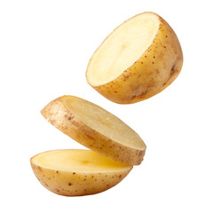 Potato slice falling in air on white background
