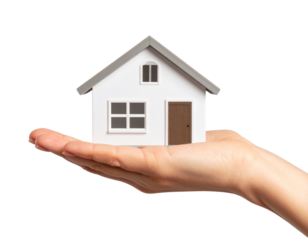 Digital png illustration of hand with house symbol on transparent background.