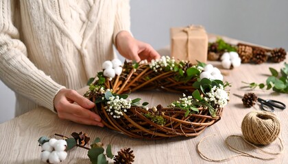 Woman crafting a wicker Christmas wreath