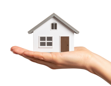 Digital png illustration of hand with house symbol on transparent background.