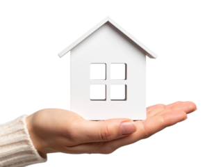 Digital png illustration of hand with house symbol on transparent background.