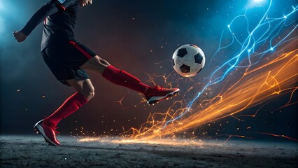 Dynamic Soccer Player Kicking Ball with Colorful Light Effects