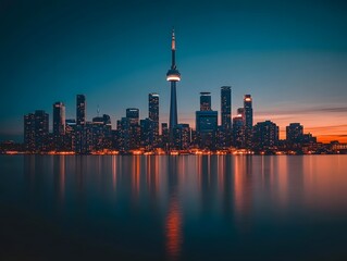 Obraz premium Stunning high-angle view of downtown city skyline reflecting on Lake Ontario at twilight