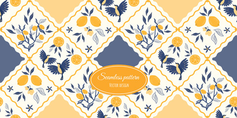 Seamless modern pattern in Italian style, trendy wallpaper with juicy lemons and birds in yellow and blue. Vector design.