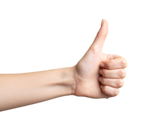 Female hand with thumb up gesture isolated on transparent background.