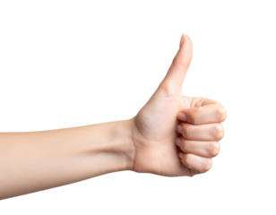 Female hand with thumb up gesture isolated on transparent background.