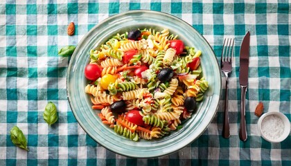 celebrate national picnic month with a colorful pasta salad on checkered tablecloth