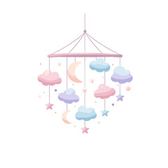 Pastel baby mobile with clouds, stars, and crescent moons  