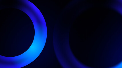 Blue and black glowing gradient torus rings, poster banner background with empty copy space