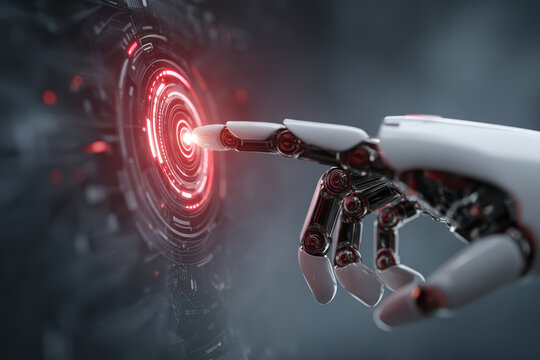 Robot touching a virtual screen with a neon red hologram circle icon with its finger on a blurred grey background. Concept of futuristic digital technology, robot technology, cyberspace, metaverse.