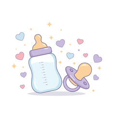 Baby bottle and pacifier with hearts in pastel colors  