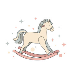 Rocking horse toy with pastel colors and stars on white background  