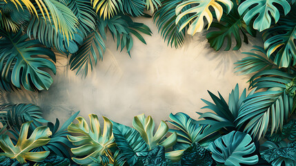Naklejka premium Tropical green foliage frame on neutral background for natural themed design