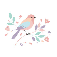 Colorful bird sitting on branch surrounded by pastel leaves and flowers  