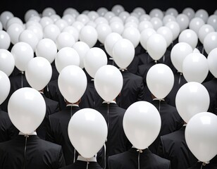 Many people in black suits, balloons on heads