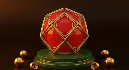 Intricate Geometric Sphere with Golden Framework and Red Orb Surrounded by Golden Spheres on Green Pedestal
