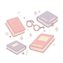 Colorful stack of books with glasses and sparkles in pastel style  