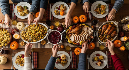 Overhead shot of a Thanksgiving table with people serving themselves food from platters.
