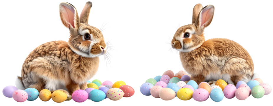 Side View 3D Illustration of Easter Bunny Sitting with Easter Eggs, isolated on transparent background PNG