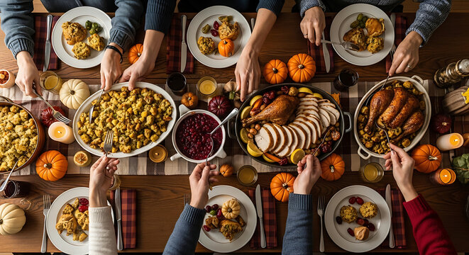 Overhead shot of a Thanksgiving table with people serving themselves food from platters. - Powered by Adobe