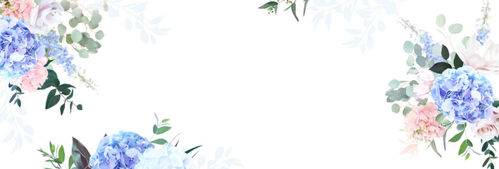 Bridgerton inspired pastel floral vector design banner. Blue delphinium, white peony, coral rose, magnolia, hyacinth, hydrangea, greenery and plants. All flowers and branches are isolated and movable.