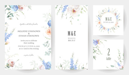 Bridgerton inspired pastel floral vector design frames. Blue delphinium, white peony, coral rose, magnolia, hyacinth, hydrangea, greenery and plants. All flowers and branches are isolated and movable.