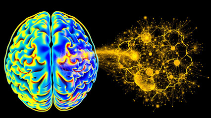 Real-time fMRI (16:9) visualization of the human brain during a "Eureka moment": the default mode network (gold) interacts with the prefrontal cortex (blue), with abstract thoughts exploding .
