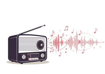 Retro radio emitting sound waves and musical notes in pink  